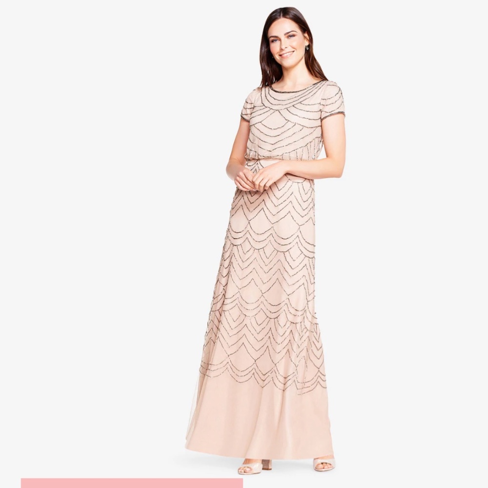 Adrianna Papell -beaded blouson - short sleeve bridesmaid dress, blush